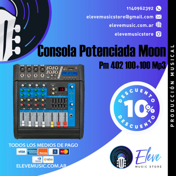 Consola Potenciada Moon Pm402 4 Canales Mixer Profesional