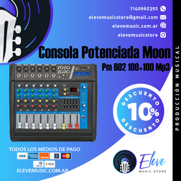 Consola Potenciada Moon Pm602 6 Canales Mixer Profesional
