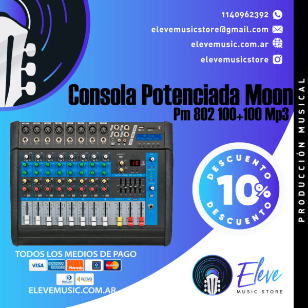 Consola Potenciada Moon Pm802 8 Canales Mixer Profesional