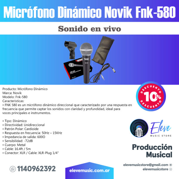 Microfono Novik Fnk580 Dinamico Cardioide Voces Cable 5 Mts - Image 9