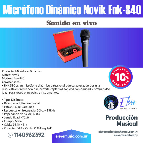 Microfono Novik Fnk840 Cardioide Voces Cable Estuche Pipeta - Image 8